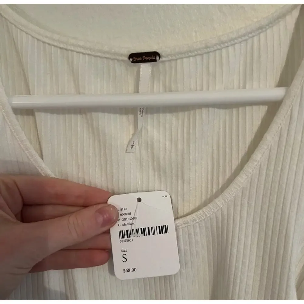 Free People NWT $68 Something Special Top White Ribbed Knit Puff Sleeve Ruffle